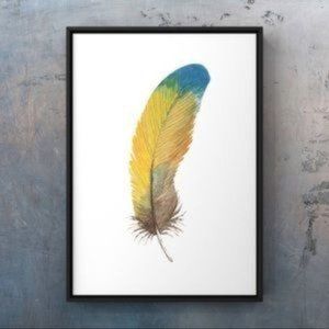 Watercolor yellow blue abstract feather art print